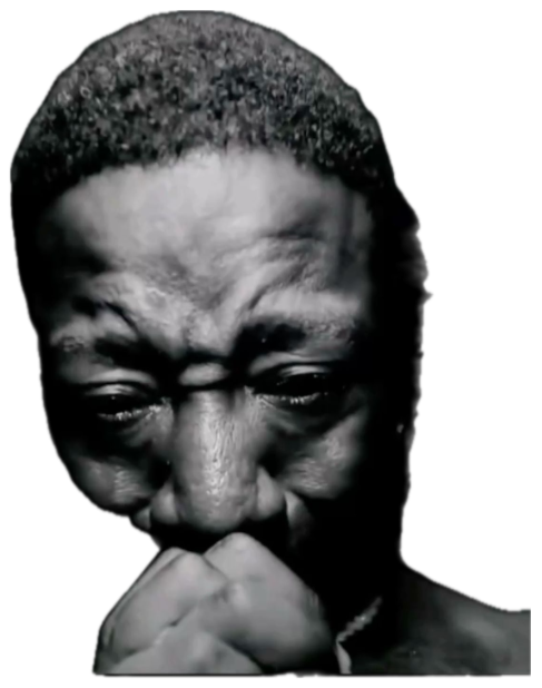 Man in dramatic black-and-white lighting holding back tears with clenched fists at his mouth sticker