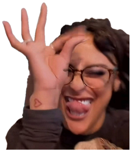 Woman with glasses cracking up and making a goofy face at the camera sticker