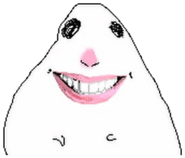 Crudely drawn blob face with a big pink lipstick grin and blank scribbled eyes sticker