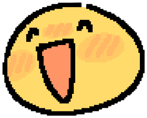 Pixel-art yellow blob character beaming with an open-mouthed cheer sticker