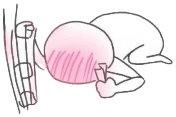 Line-drawn blob lying face-down kicking its feet, blushing among hearts sticker