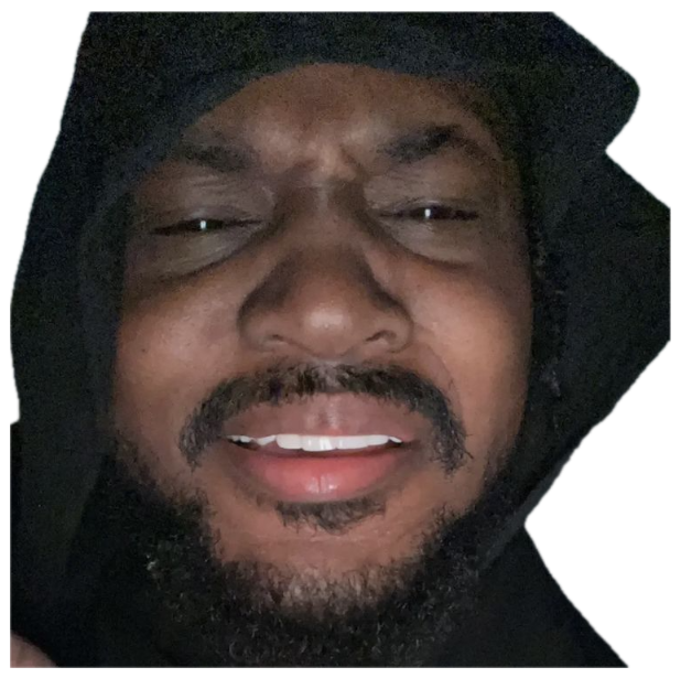 Man in a hood leaning into the camera with a squinting, smug grin sticker