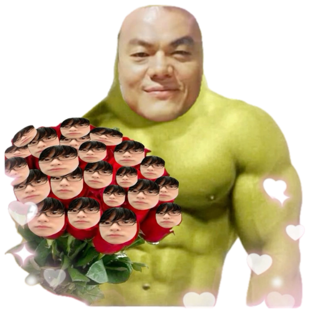 Buff Shrek body with a smirking face, offering roses topped with tiny cut-out faces sticker