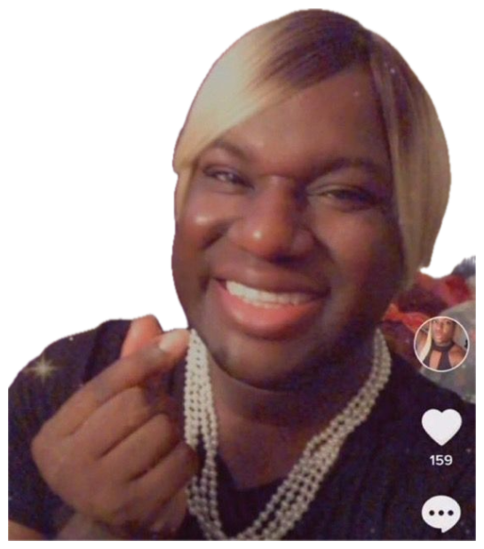 Person in blonde wig and pearl necklace grinning wide with a flirty finger-heart gesture sticker