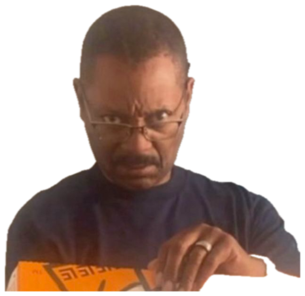 Older man peering over his glasses with a deeply suspicious, stern glare sticker
