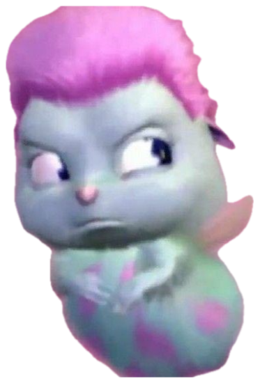 Chubby 3D animated creature with pink hair and a deep scowling frown on a pink background sticker