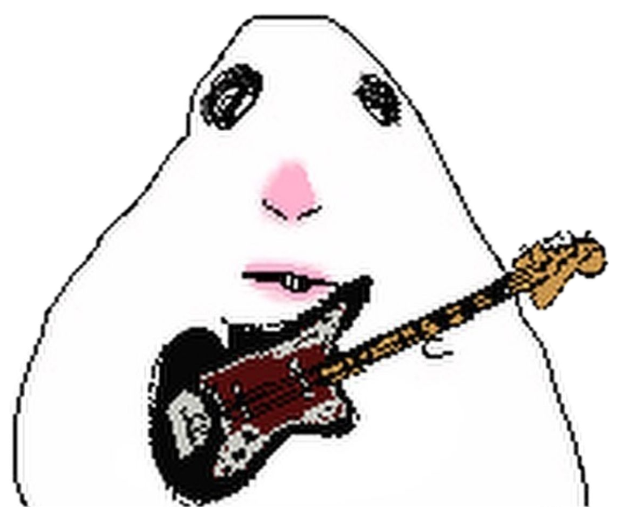 White blob cartoon holding a guitar in its mouth with a deadpan face sticker