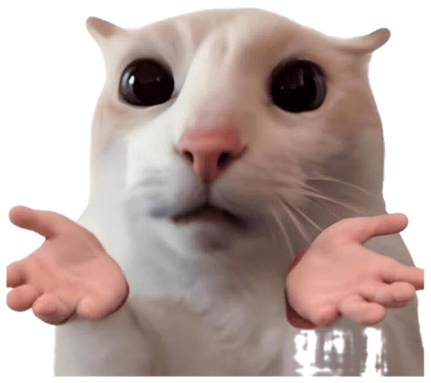 White cat with wide eyes and human hands held out in a helpless shrug sticker
