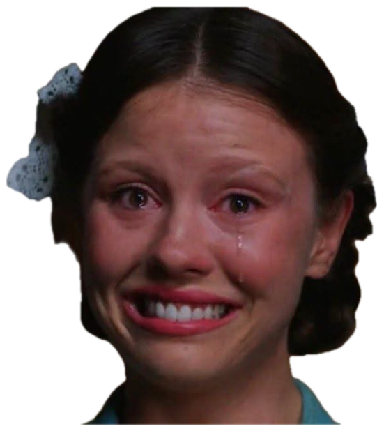 Young girl with pigtails and hair bows crying while forcing a smile through the tears sticker