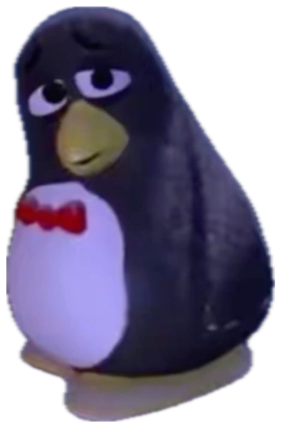 Sad plastic penguin toy with droopy eyes and a bow tie sitting alone among books sticker