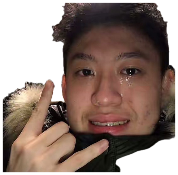 Young man tearing up while throwing a finger-gun gesture in a fur-lined hood sticker