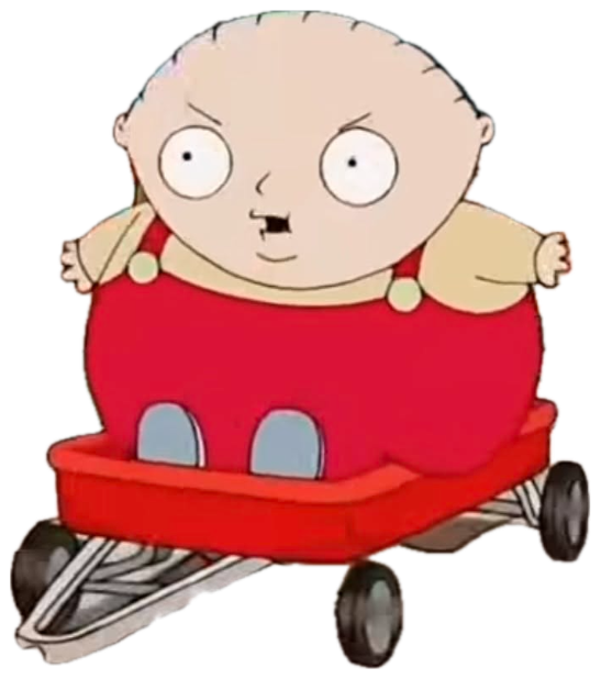 Stewie Griffin sitting in a red wagon with narrowed, suspicious eyes sticker