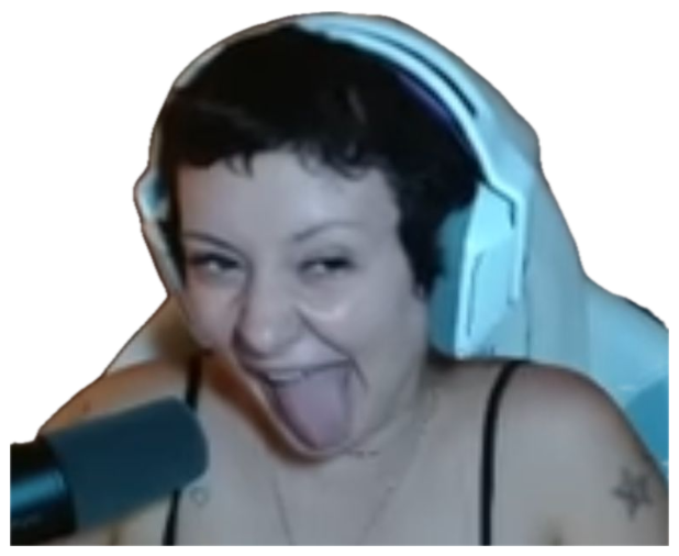 Streamer in gaming headset sticking her tongue out with a wild, goofy grin sticker