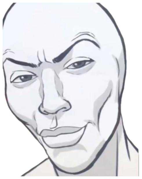 Line-drawn bald man with a smug, condescending half-smirk sticker