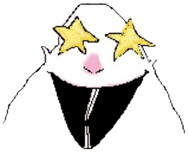 White blob doodle with gold star eyes and a huge grin, sparkles everywhere sticker