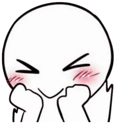 Simple line-drawn face blushing behind its fists, surrounded by hearts sticker