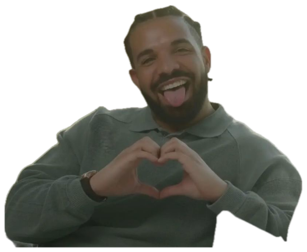 Drake making heart hands with his tongue out and a big goofy grin sticker