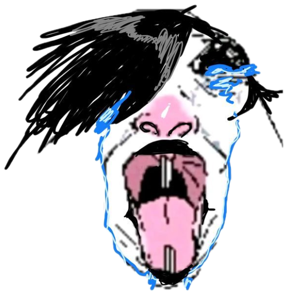 Scribbled crying face with messy black hair, blue tears and red hearts sticker