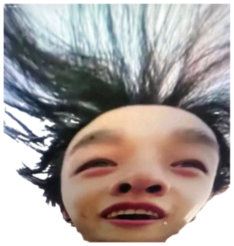 Upside-down selfie of a guy with hair hanging down and red, watery eyes sticker