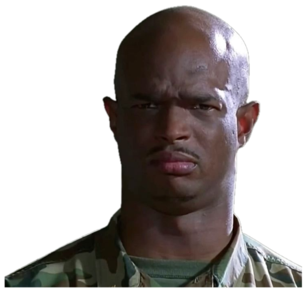 Bald man in camo fatigues staring down the camera with a tight, unimpressed frown sticker