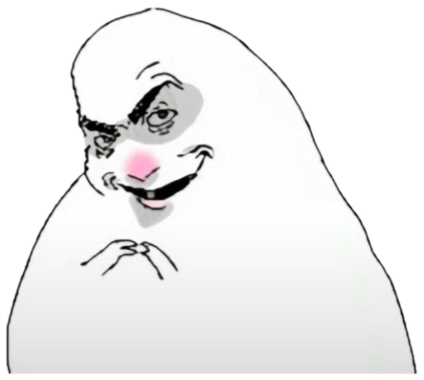 Blob doodle with a sly grin and blushing nose, fingers steepled in scheming mode sticker