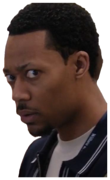Guy in a varsity jacket cutting his eyes sideways with a baffled look sticker