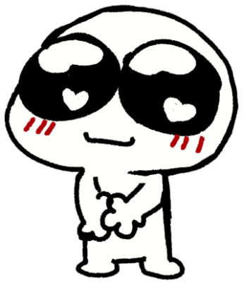 Simple black-and-white cartoon character with oversized heart eyes and rosy blush marks, fidgeting happily sticker