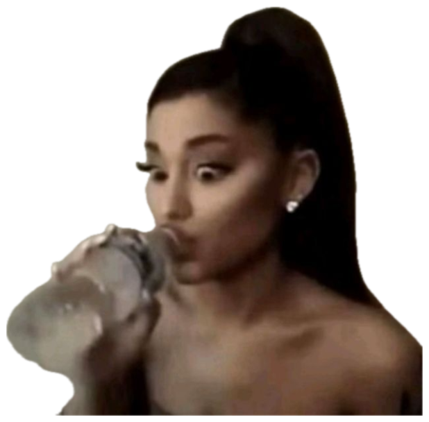 Woman with a high ponytail sipping from a water bottle while side-eyeing off-frame sticker