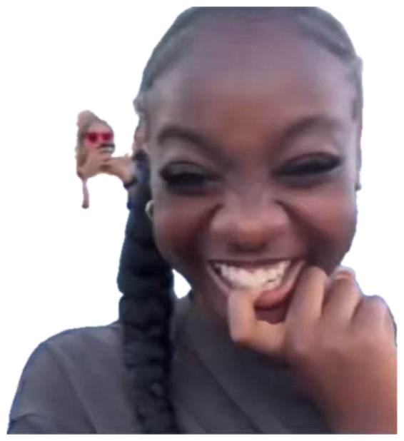 Woman in stadium seats cracking up with a huge grin, biting her finger from laughing sticker