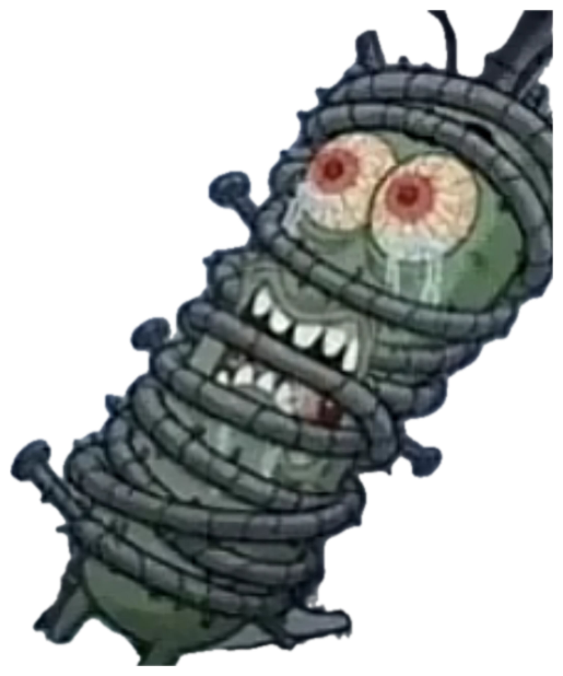 Plankton wrapped in springs with bloodshot bulging eyes, screaming and totally unhinged sticker
