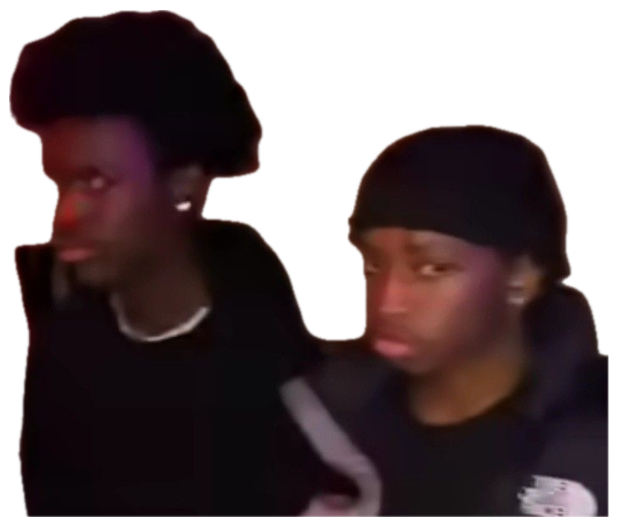 Two young guys in dim red lighting looking completely unimpressed and over it sticker