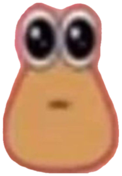 Blurry cartoon blob creature with huge eyes and a tiny mouth staring vacantly on pink sticker