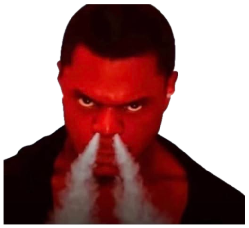 Red-tinted man glaring intensely as steam blasts from his nose sticker