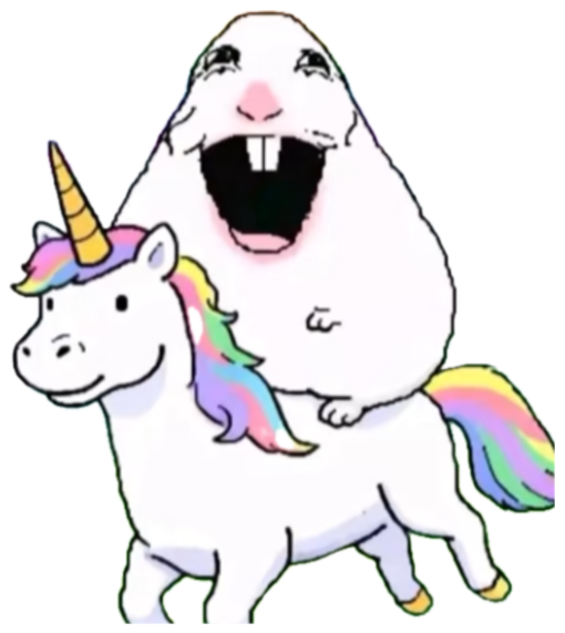 Cartoon hamster meme riding a rainbow unicorn with mouth wide open in pure joy sticker