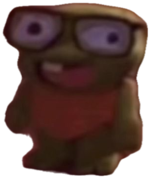 Blurry little CGI creature in thick glasses grinning with buck teeth sticker