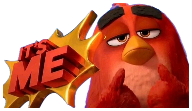 Angry Birds' Red pointing at himself smugly beside a big 'IT'S ME' burst sticker