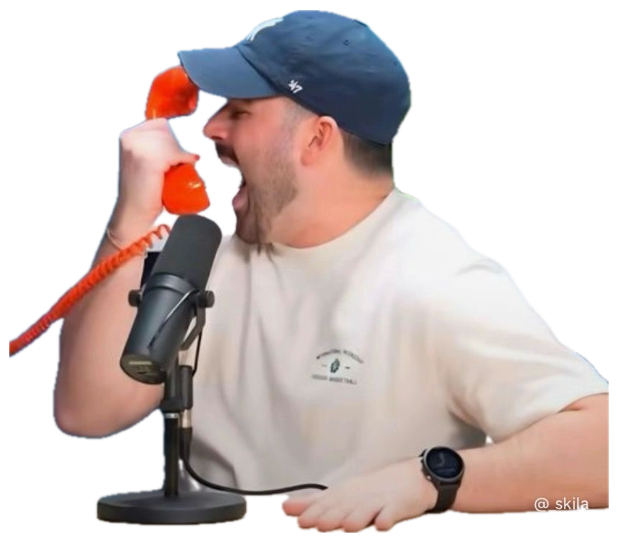Podcast guy yelling into an orange corded phone at full volume sticker