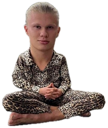 Blond man in leopard-print pajamas sitting cross-legged on a couch with a blank stare sticker