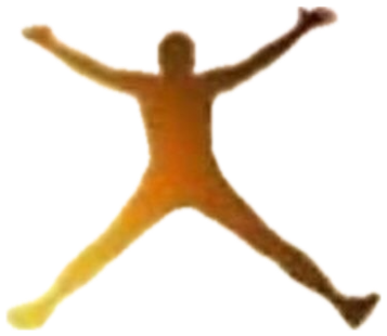 Silhouette leaping arms-wide against a purple and gold sunset sticker
