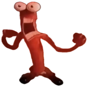 Animated red sausage character screaming and gesturing with glowing energy sticker