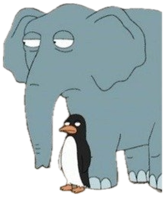 Family Guy Noah gesturing helplessly at a mismatched elephant-penguin pair with dead eyes sticker