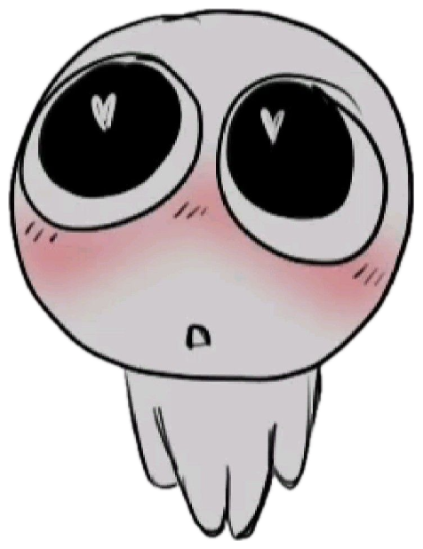 Doodled blushing creature with heart-filled eyes and rosy cheeks, love-struck sticker