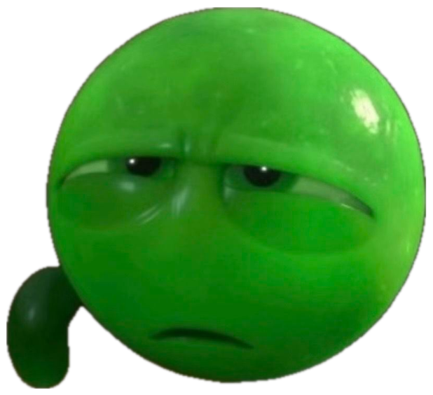 Round green cartoon blob with droopy eyes and a deeply unimpressed frown sticker