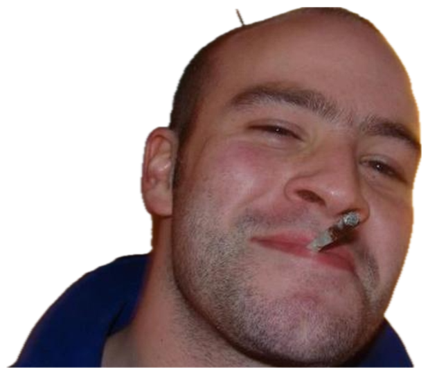 Bald guy squinting with a cigarette hanging from his lip and a self-satisfied grin sticker