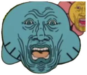 Wrinkled, distorted blue cartoon character screaming with a strained face sticker