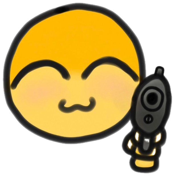Smug yellow emoji face holding a gun like it has a plan and no regrets sticker