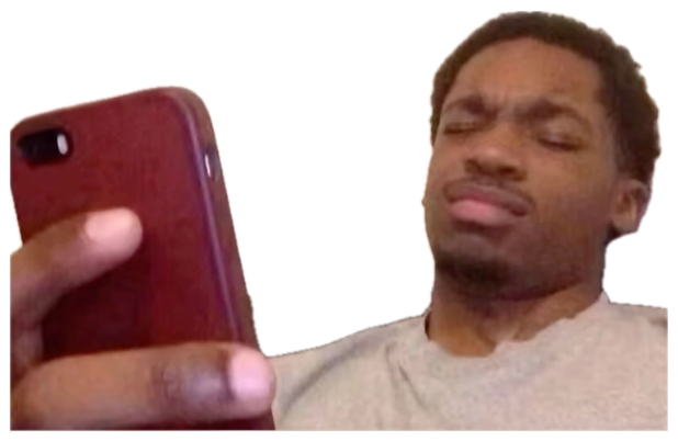 Guy lying on a couch barely looking up from his phone with heavy lidded eyes sticker