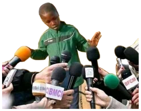 Man at a press mic swarm gesturing while explaining himself to reporters sticker