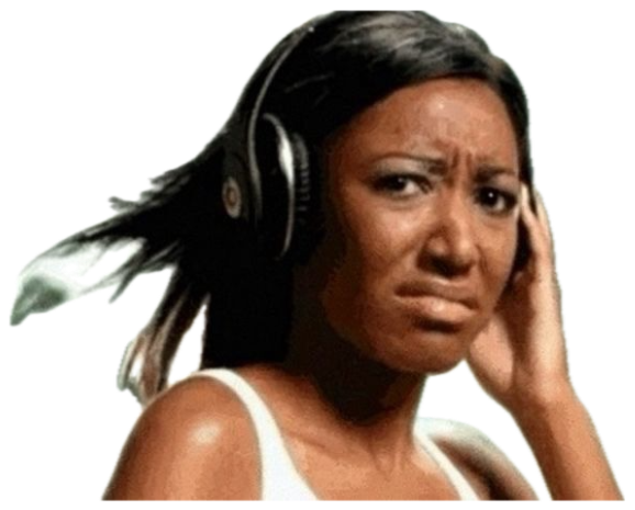 Woman in headphones squinting with a grossed-out, confused frown sticker