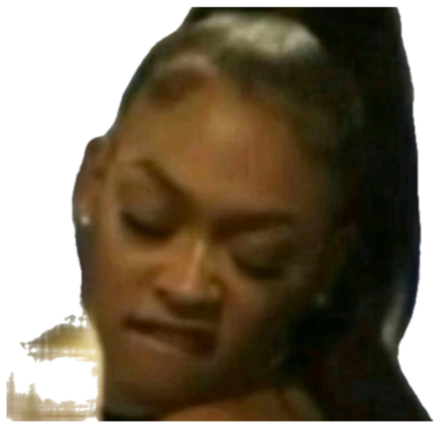 Woman with a high ponytail looking down with a smug, unbothered smirk sticker